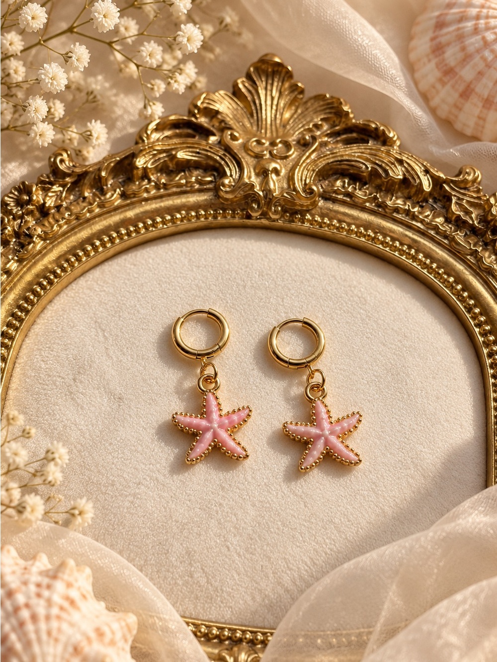 Gold Pink Starfish Drop Earrings - Women's Jewelry